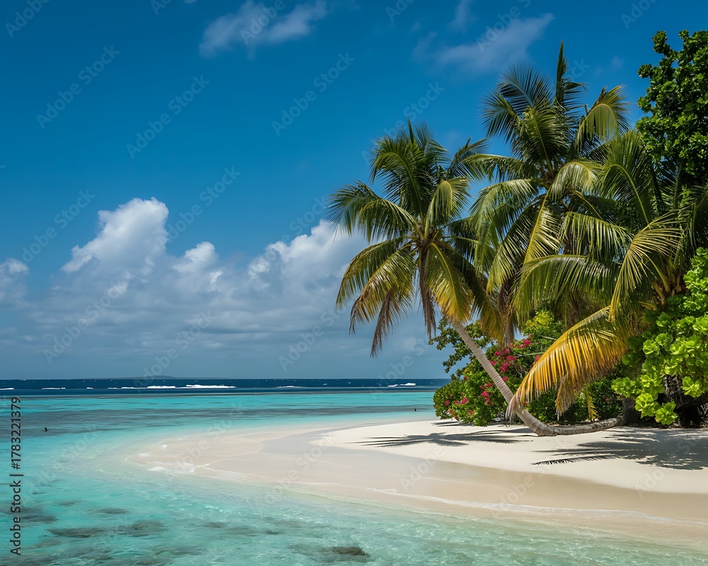 Fototapeta premium Tropical beach with palm trees and turquoise water in maldives