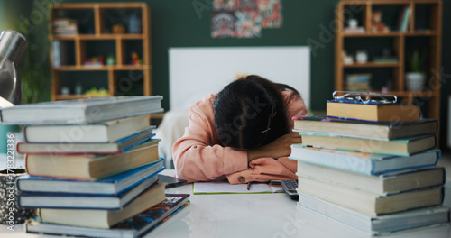 Fotografie College student, books or girl with sleeping in home for learning break, study fatigue or overworked