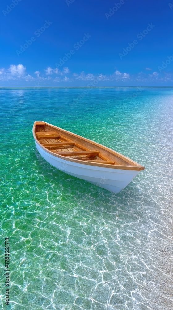 Naklejka premium Serene Wooden Rowboat Anchored in Shallow Crystal Clear Turquoise Ocean Water Under a Bright Blue Sky with Wispy Clouds and Sparkling Sunlight Reflecting on the Beach