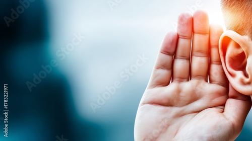 Man listens intently hand to ear hearing silence person holds hand to ear focusing on sound deep concentration