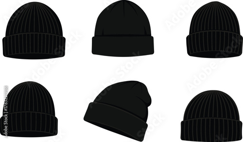 Black beanie collection, winter headwear, knit texture, fashion accessory, cozy design, cold weather gear, apparel mockup, silhouette set, clothing item