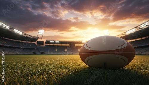 A rugby ball resting on vibrant green grass field under dramatic golden sunset sky inside a bright stadium background