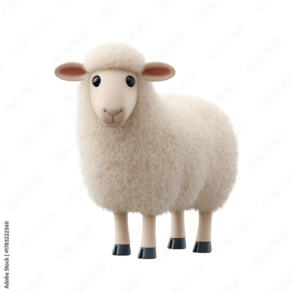 Fototapeta premium Cute sheep fluffy wool 3D render cartoon farm animal isolated transparency background soft texture round eyes gentle expression pastoral theme livestock