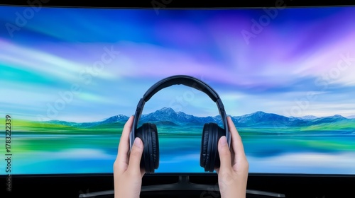 Person views tv holds headphones enjoys audio individual enjoys screen holds headset for immersive sound