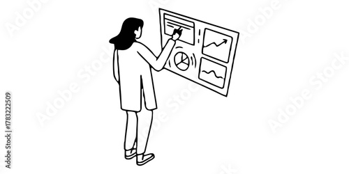 “Businesswoman using holographic touchscreen with financial graphs — futuristic finance concept — background remove.”