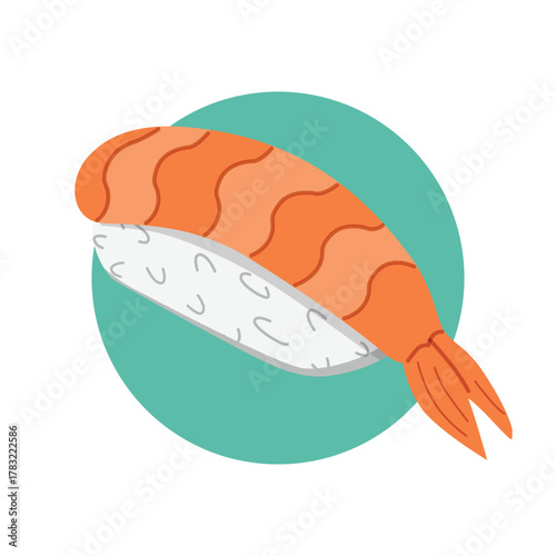 Ebi Sushi Illustration. Delicious Ebi nigiri sushi with a boiled shrimp placed on top of rice. Perfect for Japanese restaurant menus, Asian food promotions, or sushi-themed designs