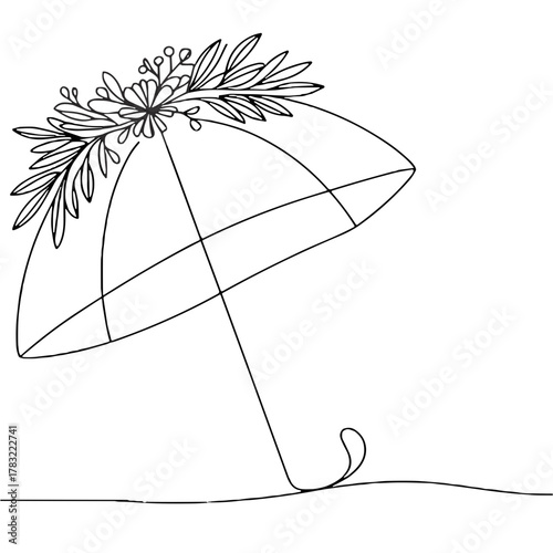 Beach umbrella with a wreath of leaves and berries Tropical Christmas Symbols — Outline / Minimal Linear Vector