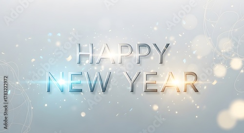Happy new year text with glittering light effects on a gray background