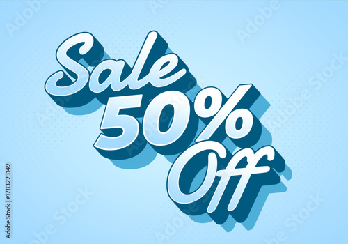 Sale 50% off. Blue 3D promotional discount text design
