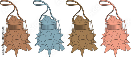 A collection of four spherical bags with drawstring closures and spiky outer textures, presented in a linear arrangement against a white background