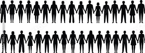 Community unity silhouettes, diverse people holding hands, teamwork illustration, social connection concept, diversity inclusion graphic, group solidarity artwork, multicultural support design
