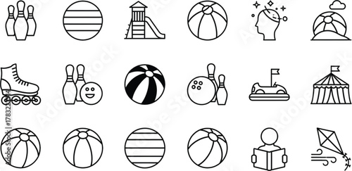 Set of vector sport icons illustrating a collection of ball game equipment and symbols for competition design