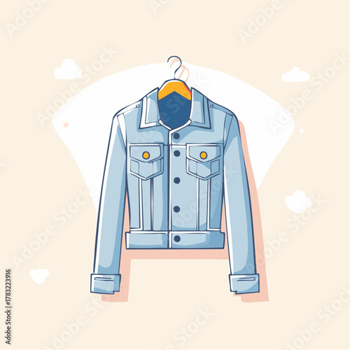Stylish denim jacket on hanger, a trendy fashion statement for modern wardrobe, perfect for casual outings or creating a fashionable, laid-back look