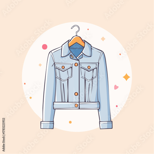 Stylish denim jacket on a hanger, perfect for fashion blogs and online clothing stores, showcasing trendy casual wear and modern wardrobe essentials