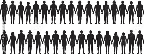 Human silhouettes holding hands, unity community teamwork concept, diverse people together, social connection equality, family children adults group, friendship 