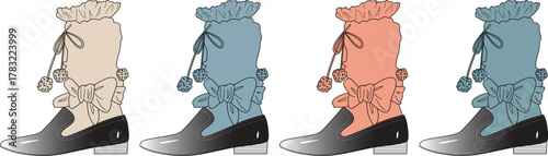 Vector illustration set of cute pastel ankle boots adorned with elaborate frilly lace socks, bows, and pom-poms for a sweet aesthetic