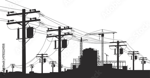 Industrial silhouette illustration of utility poles, power lines, transformers, insulators, construction cranes, urban infrastructure, electricity network, energy supply, modern cityscape