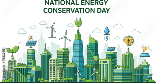 Cityscape with renewable energy for national energy conservation day