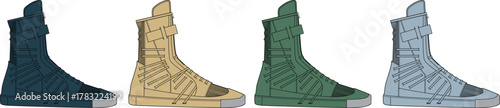 Collection of four high-top sneakers in varying shades of blue, beige, and green