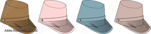 A stylish set of military-inspired cadet caps in a variety of colors. A collection of fashion accessories isolated on a white background