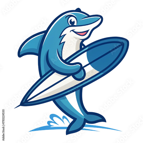 Dolphin Surf Mascot Logo Vector, Flat Esport Cartoon Design with Surfboard and Solid Ocean Blue and White Fills, Transparent Background

