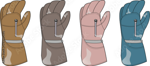Set of four illustrated protective gauntlet gloves in a variety of colors, isolated on a white background. Concept of uniform options or workwear customization