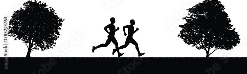Silhouette runners outdoor exercise, fitness training nature background, healthy lifestyle jogging trees, companionship workout activity, athletic people running grass