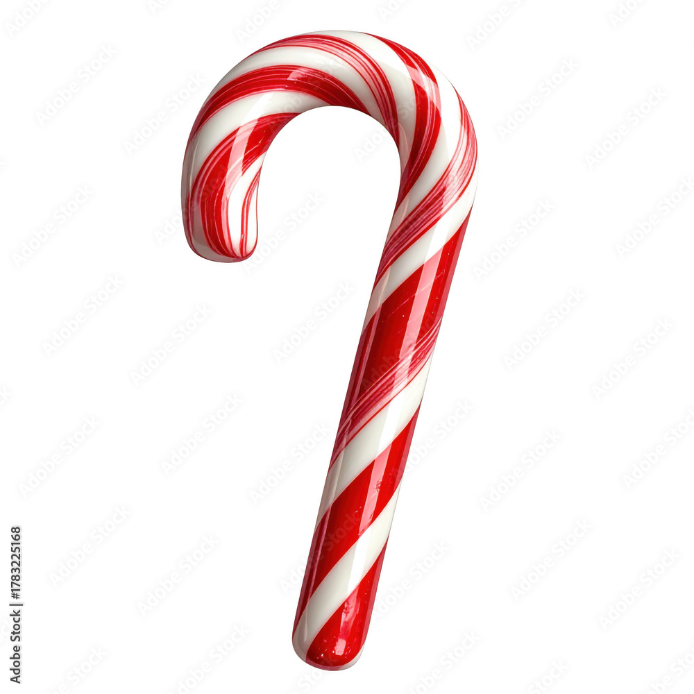 Fototapeta premium Candy cane with red and white stripes, glossy texture, isolated on white and transparent background.
