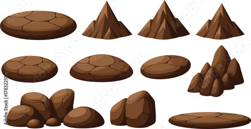 Cartoon rock formation set, stylized boulders, cracked surfaces, mountain shapes, game asset, terrain design, digital illustration, natural elements, brown tones