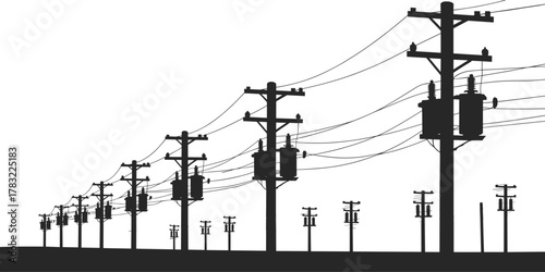Utility poles, electrical distribution system, power lines, transformers, infrastructure, energy supply, electricity grid, rural network, industrial technology, urban connection,