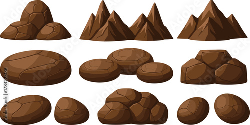 Cartoon rock and mountain set, stylized terrain, digital illustration, game asset, natural elements, smooth shapes, jagged peaks, 2D design