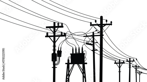 Silhouette utility poles, electrical transformers, power lines, energy infrastructure, electricity distribution, industrial grid, urban network, voltage system,