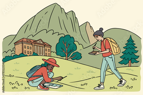 “Boulder Colorado with students and mountain backdrop, youthful vector”