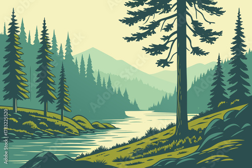 “Lolo National Forest with alpine lake and forest, clean vector”