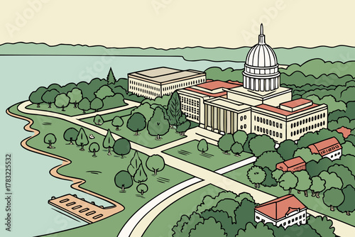 “Madison Wisconsin lakeside campus and capitol, clean vector”