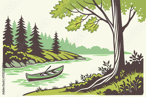 “Superior National Forest with lake and canoe, tranquil vector”