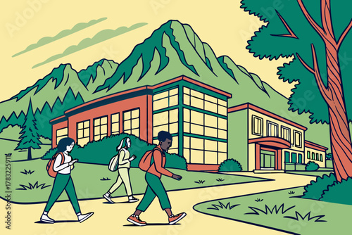 “Boulder Colorado with students and mountain backdrop, youthful vector”