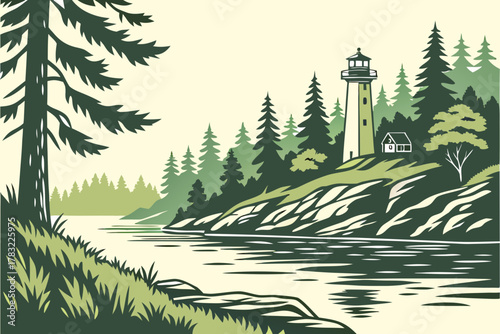 “Hiawatha National Forest with lake and lighthouse, nautical vector”