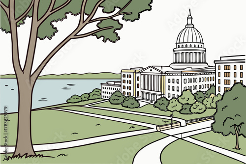 “Madison Wisconsin lakeside campus and capitol, clean vector”