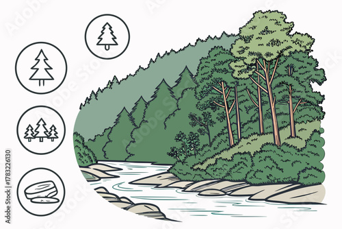 “Chattahoochee National Forest with river and forest icons, southern vector”
