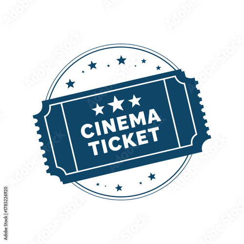A stylized blue cinema ticket design with stars and the words "CINEMA TICKET" inside a circle.