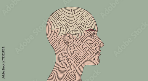 Surreal vector illustration of a human head in profile, with a complex, intricate maze inside, minimal line art, conceptual artwork, on a muted pastel background, representing psychology, overthinking
