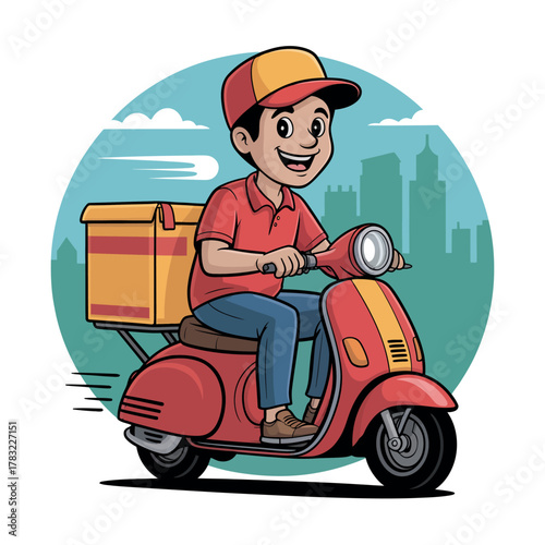 A smiling delivery person rides a red scooter with a yellow insulated box on the back.