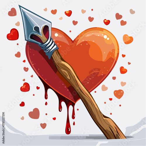 Arrow piercing a bleeding heart surrounded by hearts