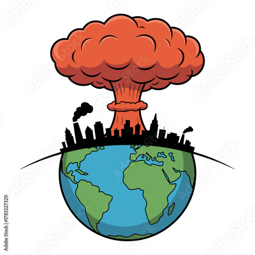 A mushroom cloud erupts over a city skyline on top of the planet Earth.