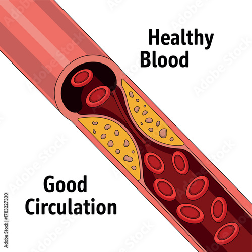 Illustration of a healthy artery showing good circulation and healthy blood flow contrasted with plaque buildup.