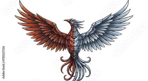 Advanced Steampunk Phoenix Rising Mechanical Bird with Copper and Steel Wings Fantasy Illustration