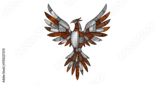 Advanced Steampunk Phoenix Rising Mechanical Bird with Copper and Steel Wings Fantasy Illustration