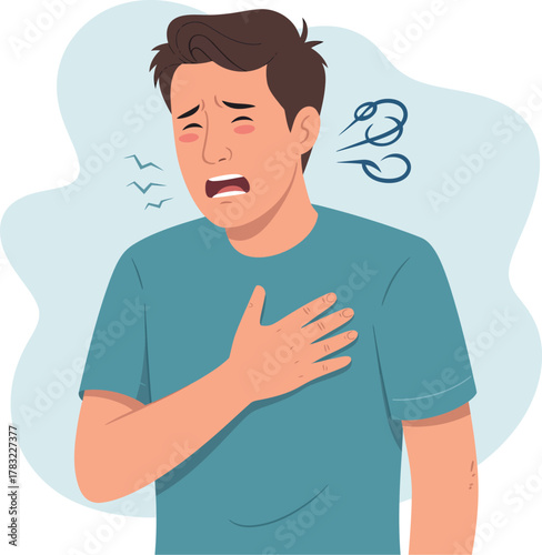 Man experiences chest pain and difficulty breathing, indicating a health concern.