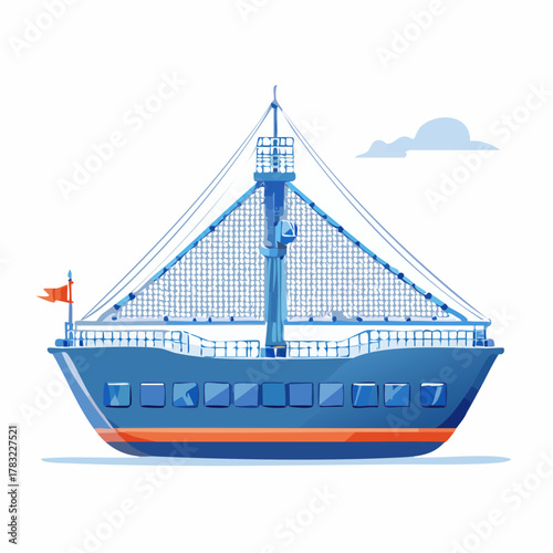 Blue passenger ship with orange stripe